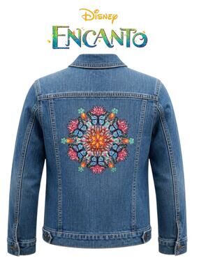 Disney Encanto Girls Sz XL Denim Jacket Kaleidoscope Pattern Back Sz 14-16